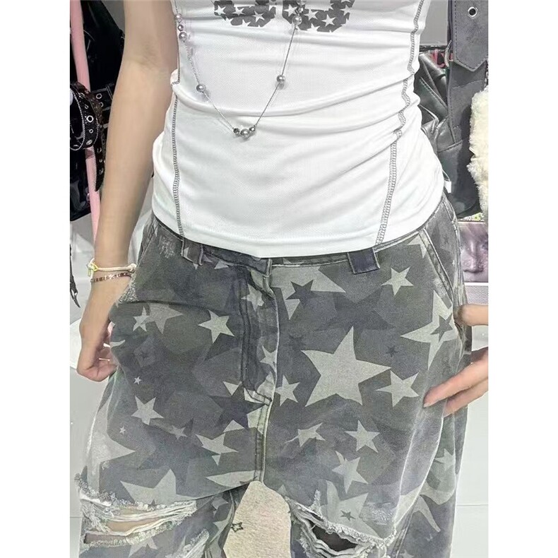 A9069-P55美式复古设计感星星印花破洞牛仔裤女高街辣妹水洗,男装牛仔裤,电商B323A