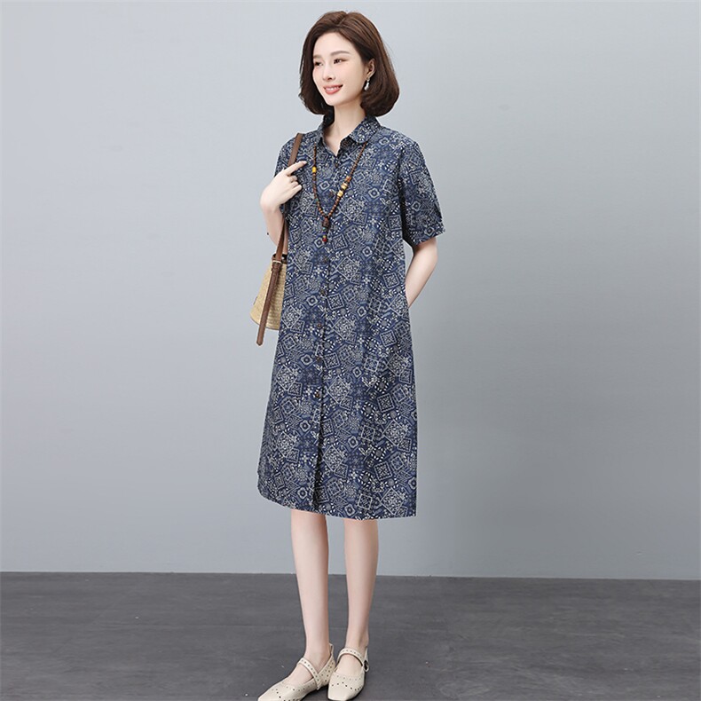 纯棉印花连衣裙女夏2025新款宽松大码中年妈妈遮肚子显瘦衬衫裙子,女装连衣裙,依恋蒂丝