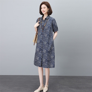 纯棉印花连衣裙女夏2025新款宽松大码中年妈妈遮肚子显瘦衬衫裙子图片