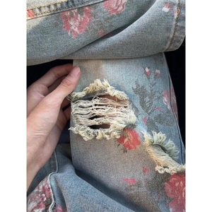 美式高街破洞牛仔裤男女夏季高级感裤子vibe满印裤子L33111-P50图片