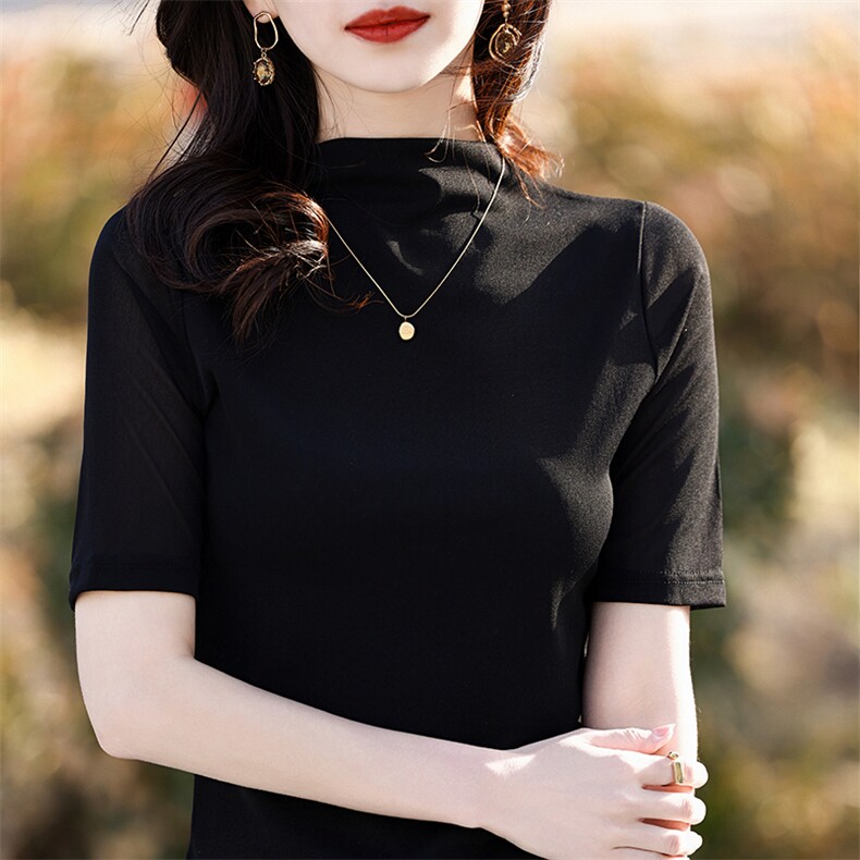 T恤女夏短袖半高领修身外穿针织中袖打底衫,女装T恤,温伦斯特羊绒
