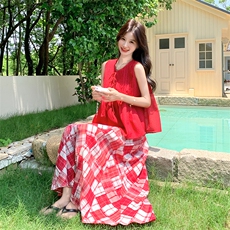 红色波点雪纺衬衫碎花半身裙套装女夏季2025新款时尚度假风两件套，女装套装/套裙，2C052