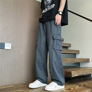 日系大口袋阔腿宽松直筒工装休闲裤男女潮流抽绳束脚裤K6540-P43图片