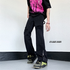 B221美式ins高街暗黑小众破洞拉链牛仔裤LK23069-P65控88，男装牛仔裤，电商B221