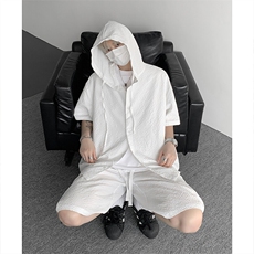 TZ793-特55控98新款速干肌理感连帽男短袖衬衫六分裤大码套装，男装T恤，电商A059