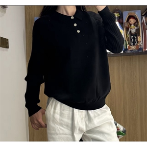 复古老钱风插肩袖竖条纹肌理感长袖针织POLO衫情侣毛衣C67082/P65图片