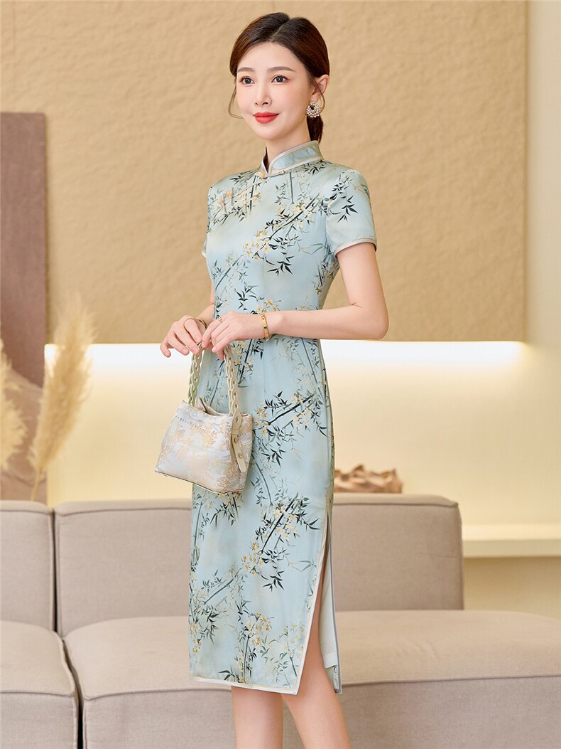 杭州品质真丝中长裙考试专用节节高女春夏日常修身潮流真丝旗袍,女装汉服/婚纱/旗袍/礼服,小荷流