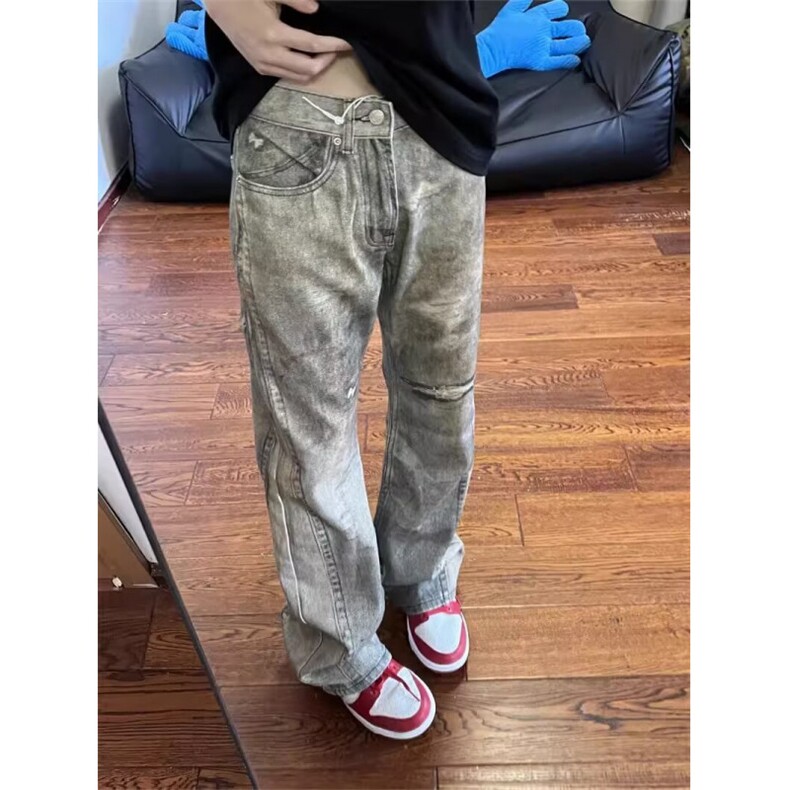 美式vibe复古做旧拼接废土风水洗牛仔裤男女直筒微喇长裤子KC1169,男装牛仔裤,星座601-1