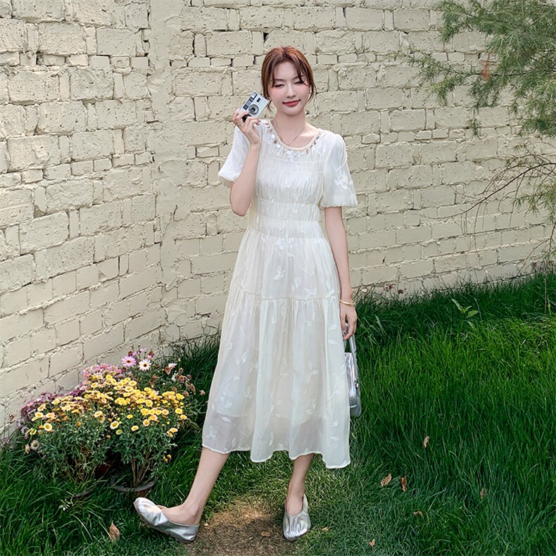 法式初恋温柔风连衣裙女2025夏新款收腰显瘦重工刺绣蕾丝白色裙子,女装连衣裙,2C126