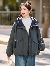 90白鸭绒宽松大版休闲拼接工装派克假两件连帽羽绒服，女装羽绒服，采品优优