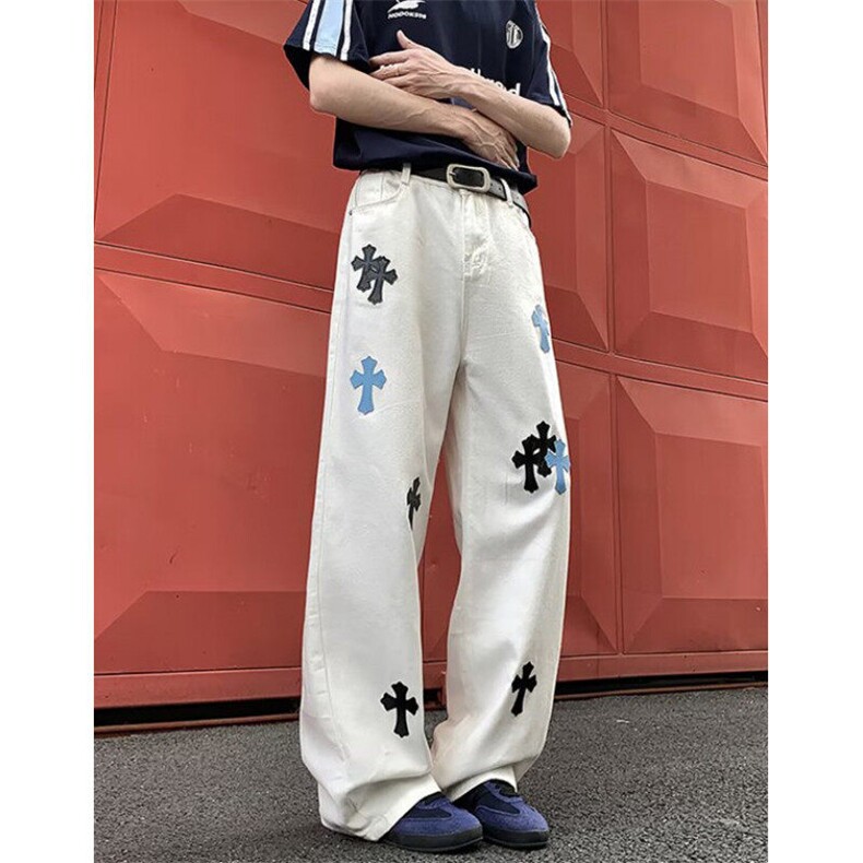十字架贴皮牛仔裤男女微喇直筒ins宽松阔腿拖地弯刀长裤KC1155,男装皮裤,星座1116A（原606A-3）