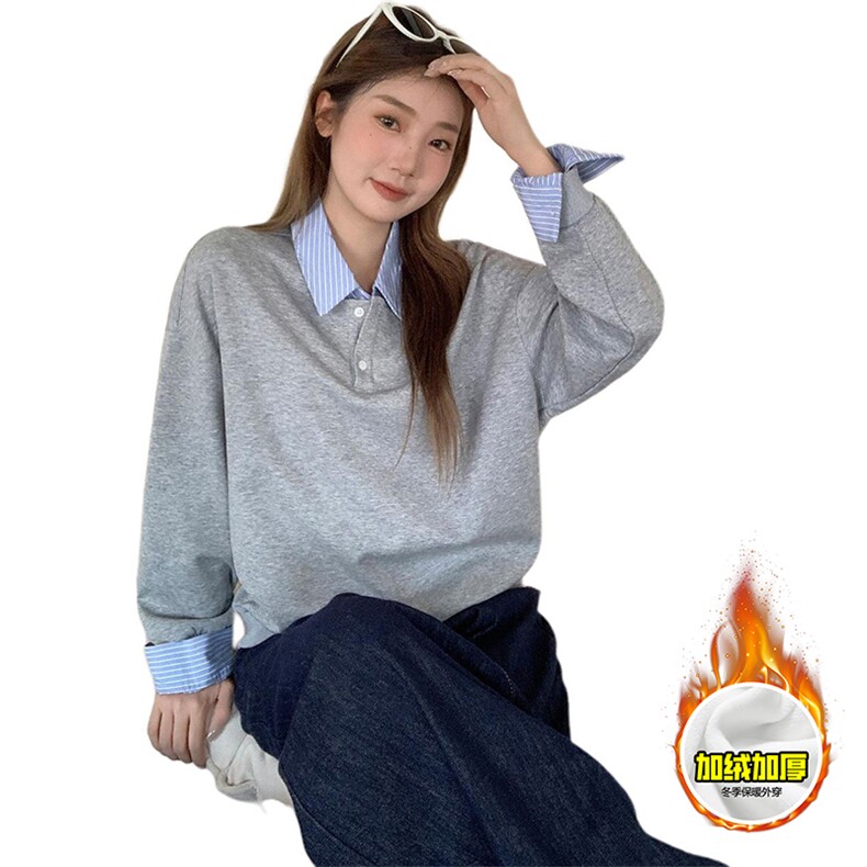 重磅加绒硬挺boxy男女美式高街假两件衬衫领长袖卫衣POLO领打底衫,男装T恤,电商A443