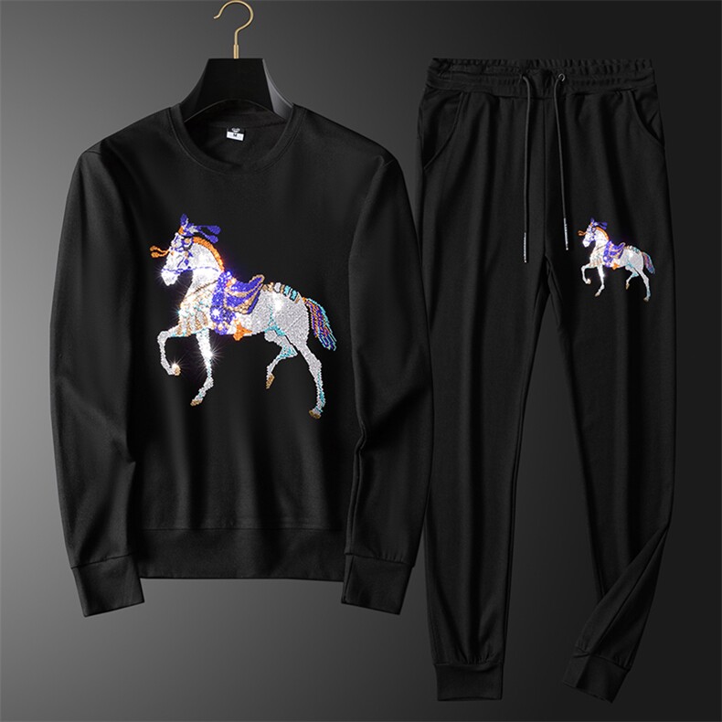 春季套头套装燙钻潮休闲圆领长袖大码简欧QT4066-1-TA81018-P120，男装休闲套装，电商A227B（原钱塘4066-1）