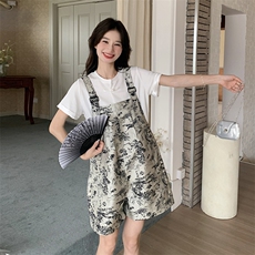 国风水墨画背带短裤套装女2025夏季新款时尚减龄小个子T恤两件套，女装套装/套裙，慧尚2-185