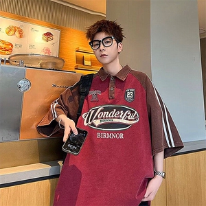 2025夏街头字母Polo领男美式复古短袖T恤 T323图片