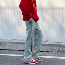 美式嘻哈高街长裤潮牌宽松大码拼接直筒微喇叭牛仔裤P63，男装牛仔裤，四季星座218-1