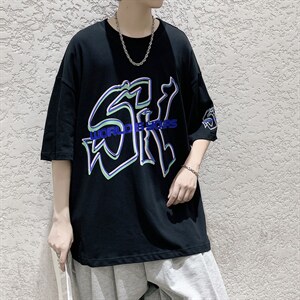 港风原创设计款印花短袖T恤简约大码宽松男潮517A-1-T912-P28控38图片