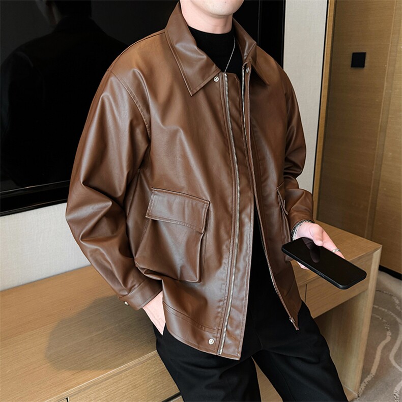 秋季翻领皮夹克男刺绣男士皮衣外套盖袋潮流A266-PY007-P85控138,男装夹克,电商A266