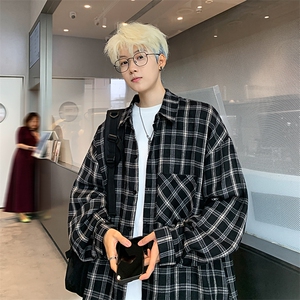 衬衫男春季新款港风宽松大码磨毛格子长袖衬衣CS550-P38图片
