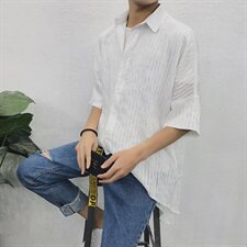 夏款速干防晒五分袖加长衬衫宽松蝙蝠袖条纹防晒长男衬衫D329，男装衬衫，星座312B-1