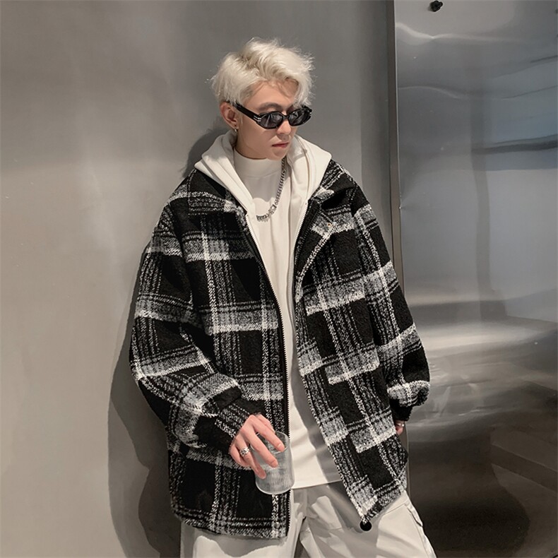 假两件连帽格子毛呢外套男秋冬加厚宽松时尚夹克上衣M896-P135图片