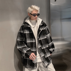 假两件连帽格子毛呢外套男秋冬加厚宽松时尚夹克上衣M896-P135图片