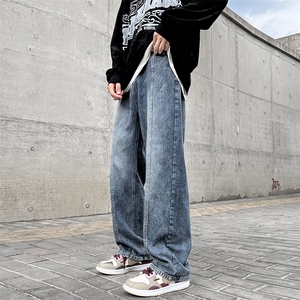 高街vibe潮牌牛仔裤男水洗做旧复古阔腿直筒裤美式裤子N1735-p40图片