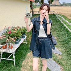 2025年新款韩版时尚设计感套装女夏季牛仔马甲背心高腰短裤两件套，女装套装/套裙，维壹