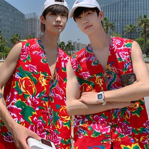 MJ02春夏双层新男士盘扣风民族风特色东北大花马甲外套团服图片
