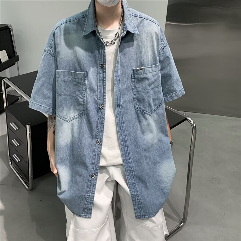 牛仔衬衫男夏季韩版潮流学院风短袖衬衣超火百搭宽松外套1019P55，男装衬衫，星座410-2