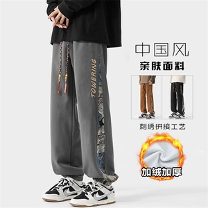 特P35无差价改加绒港风小熊刺绣拼接裤男休闲大码K1135J加绒图片