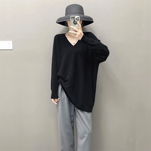 山羊绒蝙蝠袖慵懒风毛衣宽松v领羊毛针织衫女秋冬中长款大码上衣图片