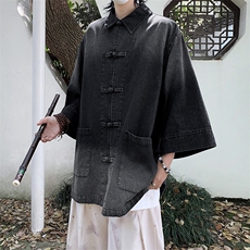 风夏款男短袖牛仔衬衫扎染渐变色盘扣中山装衬衣CS986P65，男装衬衫，星座1013-1