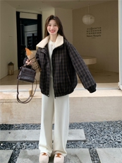 复古格子羊羔毛翻领羽绒服女2025冬季短款加厚面包服宽松保暖外套，女装羽绒服，艾米莉亚
