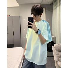 抖音得物品质二开240克宽松纯棉美式潮牌印花三条杠中性风短袖T恤，男装T恤，电商A486