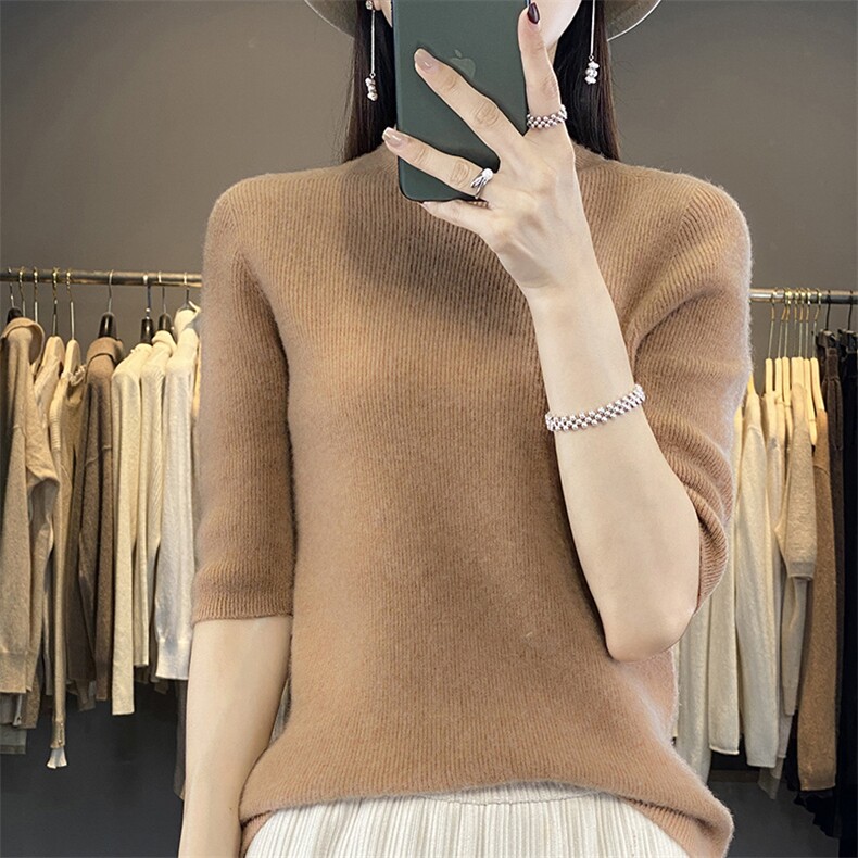 时尚女士羊毛衫半袖纯色柔软贴肤羊毛高领毛衣,女装羊毛衫,暮绒羊羊绒