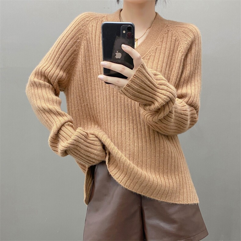 24新品5针3股前短后长V领山羊绒加厚保暖羊绒衫宽松时尚,女装羊绒衫,织绒羊