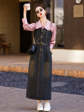 2025春季休闲气质收腰花边翻领衬衫牛仔背心裙套裙时尚套装两件套，女装套装/套裙，美静678