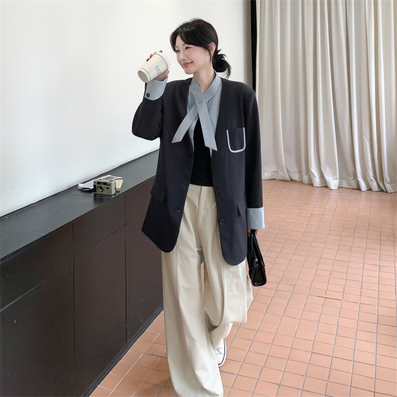 通勤拼接假两件短款西服上衣女春秋超火好看高级小众职业西装外套,女装西装,韩蜜菓