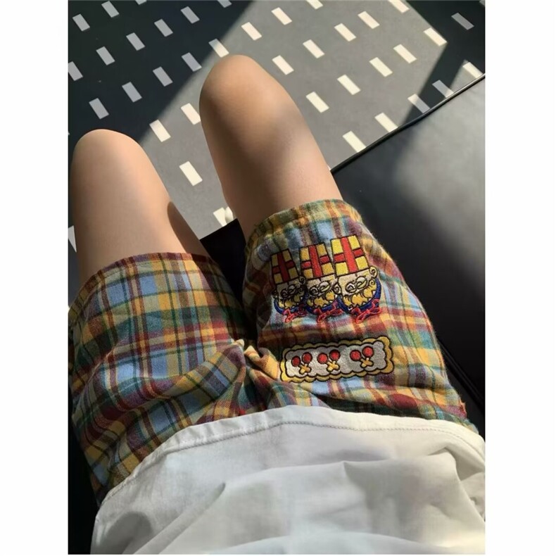 韩版小众设计感撞色格子卡通印花短裤睡裤女夏季休闲遛弯家居裤夏,男装牛仔裤,四季星座505