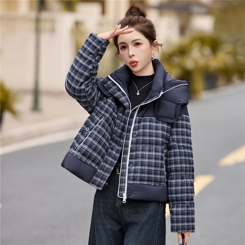 格子连帽羽绒服女小个子冬装2025新款高端时尚百搭保暖白鸭绒外套,女装羽绒服,浙宝029