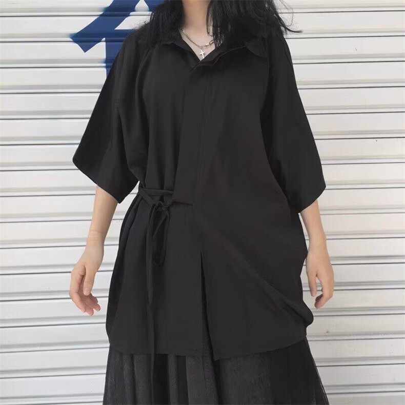 暗黑日系短袖衬衫男女绑带设计宽松大码七分袖外套2025夏季新款,女装衬衫,星座506A
