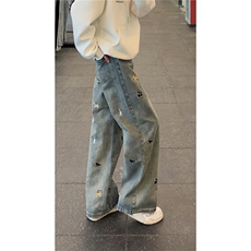 卡通刺绣蓝色牛仔裤春款男士美式水洗微喇裤子宽松阔腿休闲裤，男装牛仔裤，星座410-6（原星座1304-1）