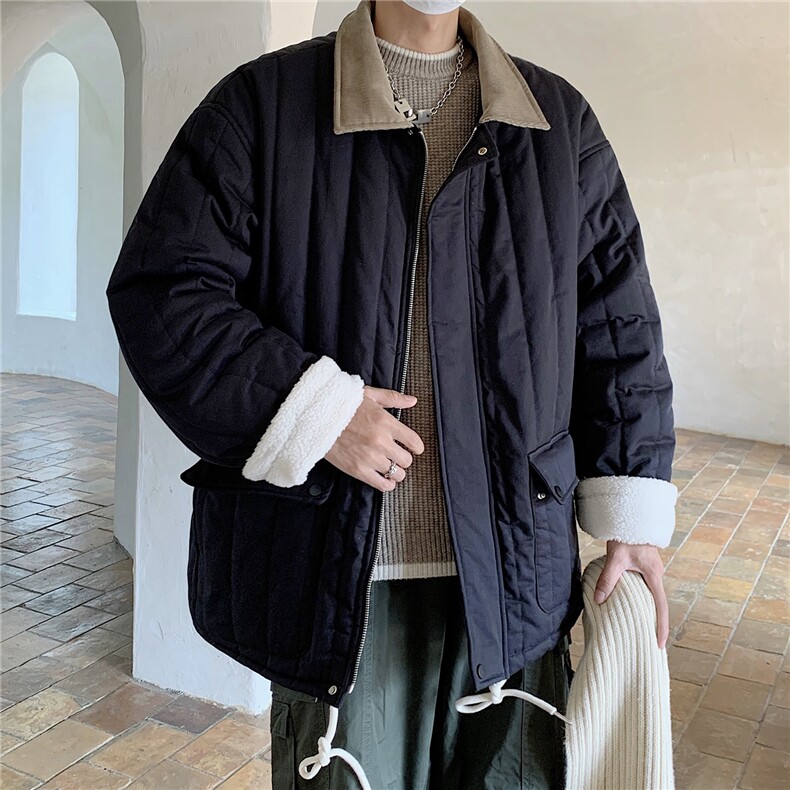 港风 撞色灯芯绒拼接领棉衣外套女羊羔绒情侣加厚棉服 G1070 P128图片