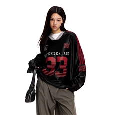 W10329-P40网图现货美式复古泽西风V领长袖T恤宽松运动透气球衣，男装T恤，星座1608