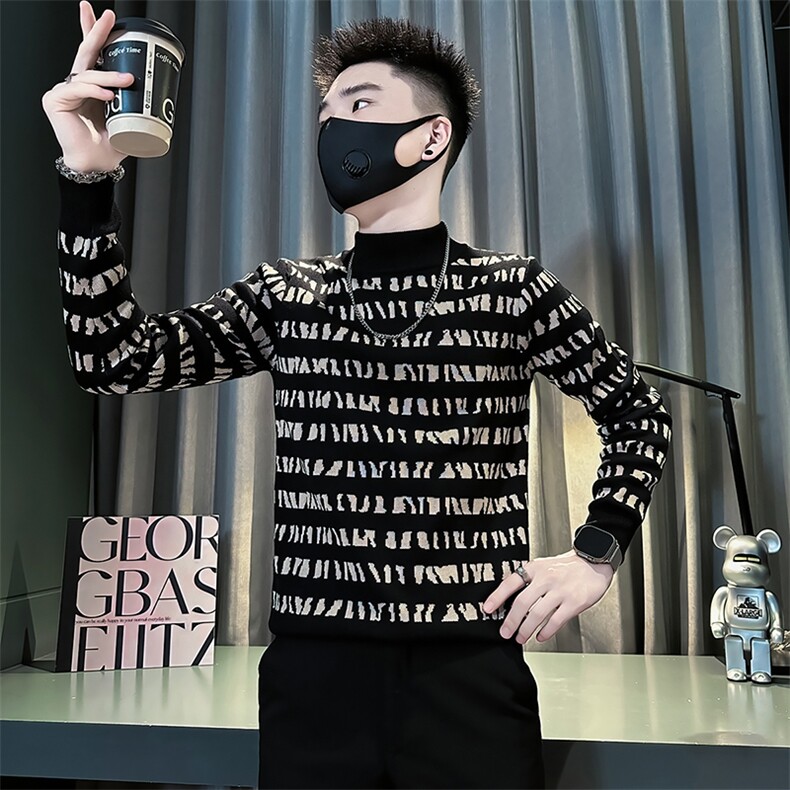 痞帅炸街男士拼色半高领套头毛衣社会小伙店主风301C-M69P78控108图片