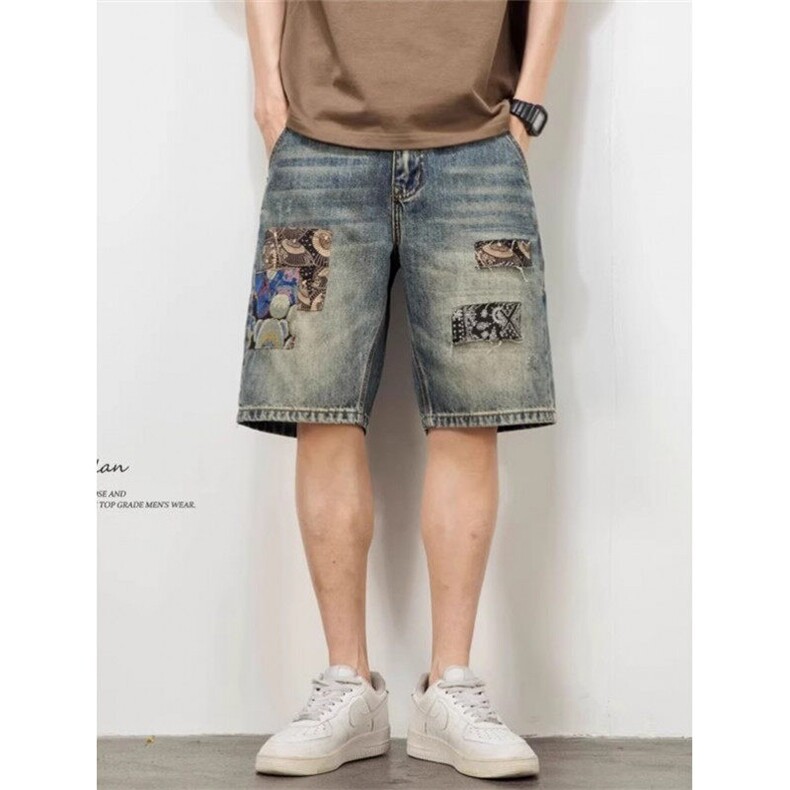 夏季美式复古水洗牛仔短裤男士痞帅垂感字母刺绣五分裤NT1194，男装牛仔裤，星座1116A（原606A-3）