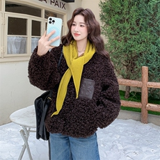 咖色皮毛一体羊羔毛外套2C317A-8538-P195-K299，女装短外套，2C317A