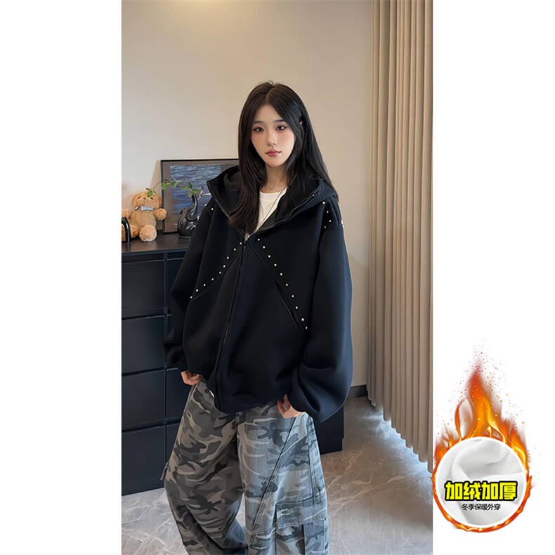 480G重磅加绒硬挺boxy男女秋冬美式高街卫衣铆钉拼接开衫厚外套，女装短外套，电商A486-1