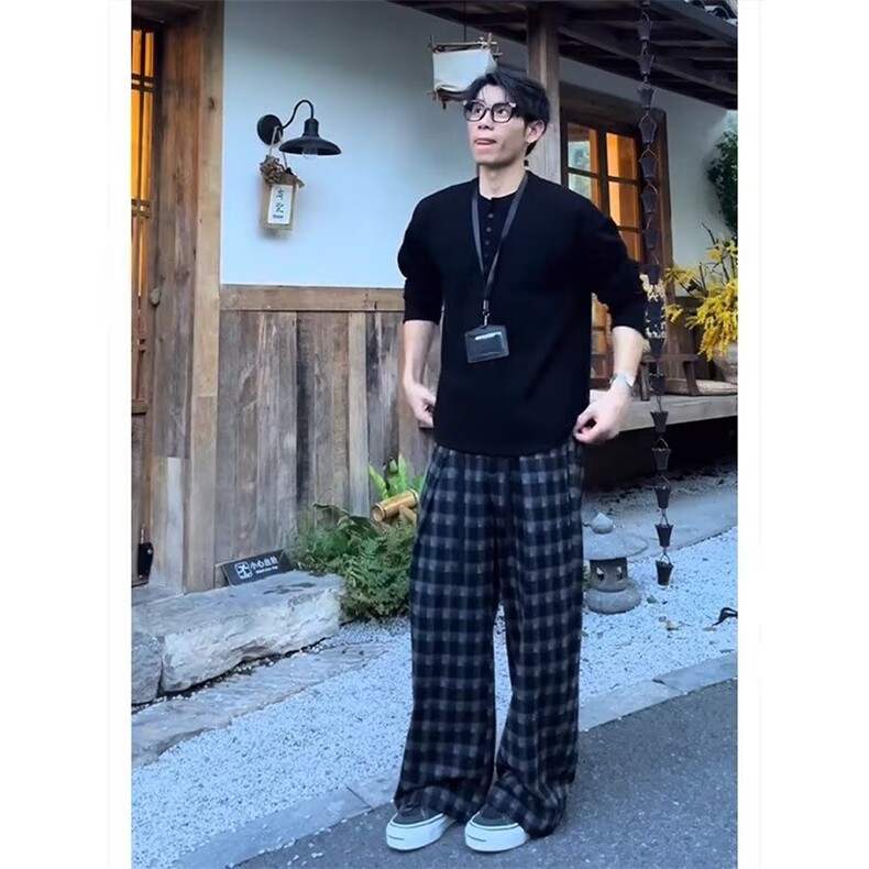 简约潮流流行百搭新款文艺慵懒时尚原宿日系全松紧腰格子裤ins,男装休闲裤,星座506A